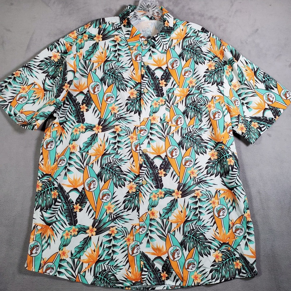 Bucees Hawaiian Shirt Mens XL Green Camp Tropical Print Button Up Palm Surfboard